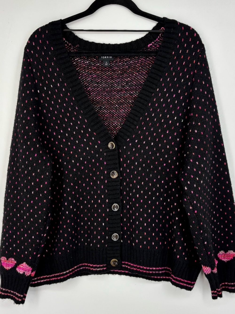 Torrid Size 2 Womens 2X Button Front Cardigan Sweater Black Pink Hearts at Wrist